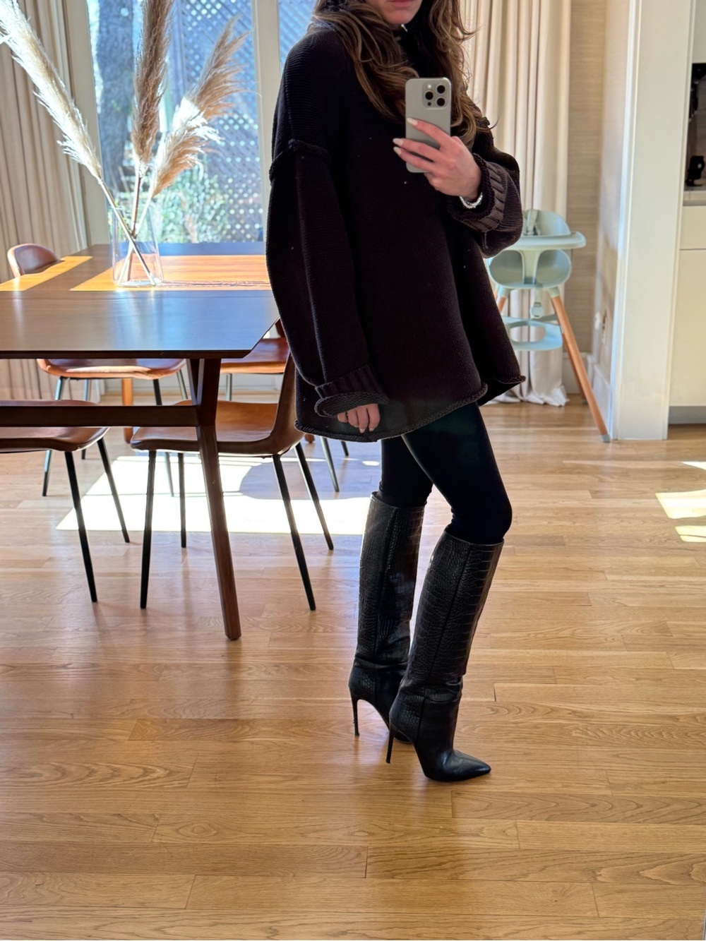 Paris Texas Black Croc Knee-High Pointed Toe Heeled Boots